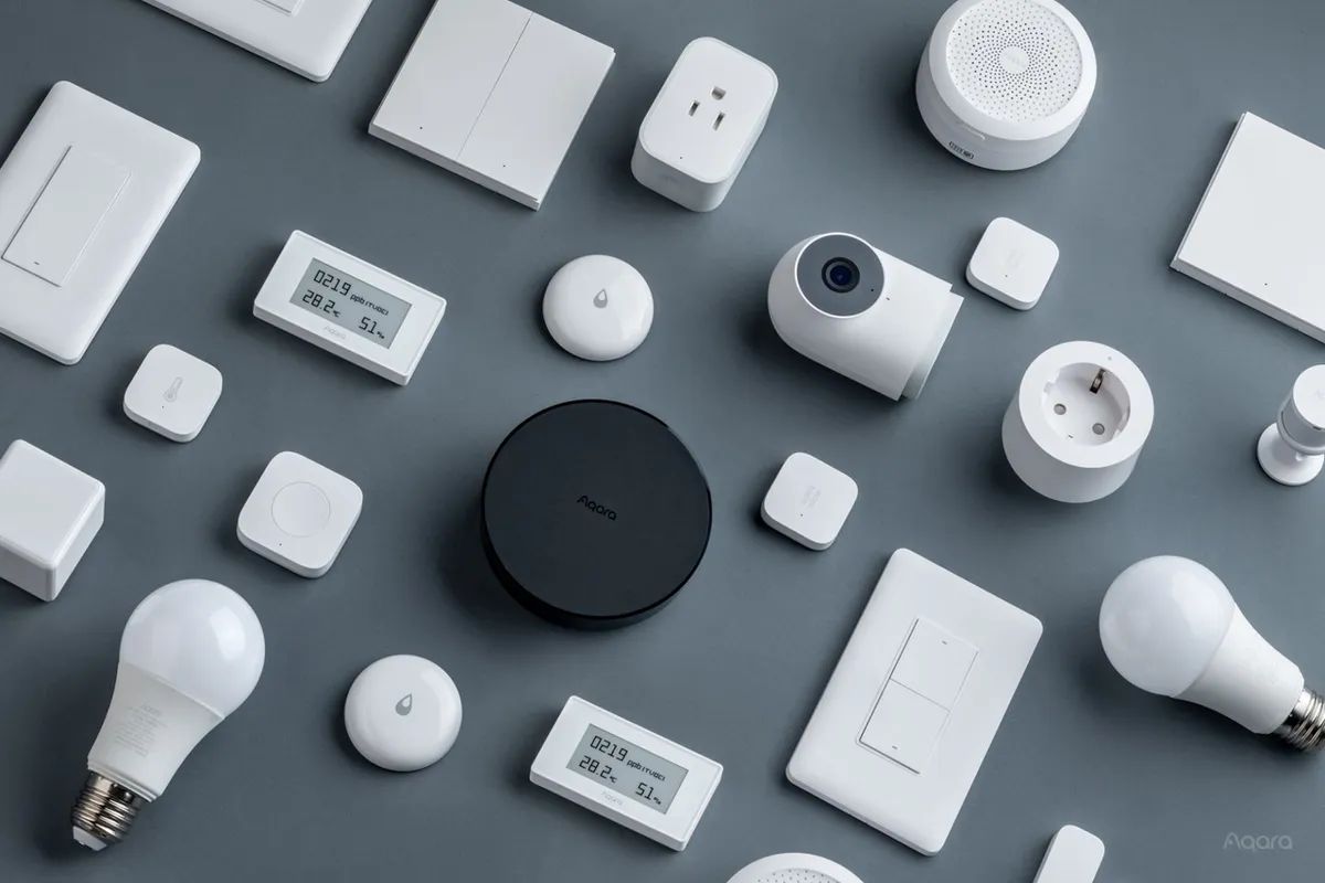 Aqara smart home devices laid out on a grey table